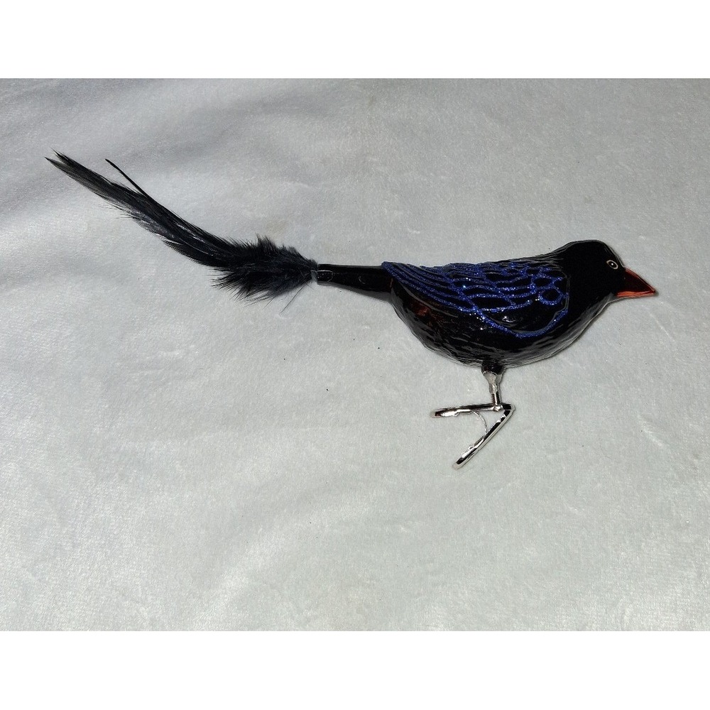 Black Glass Bird Clip-On Christmas Ornament Blue Glitter Wing Feather Tail 9"